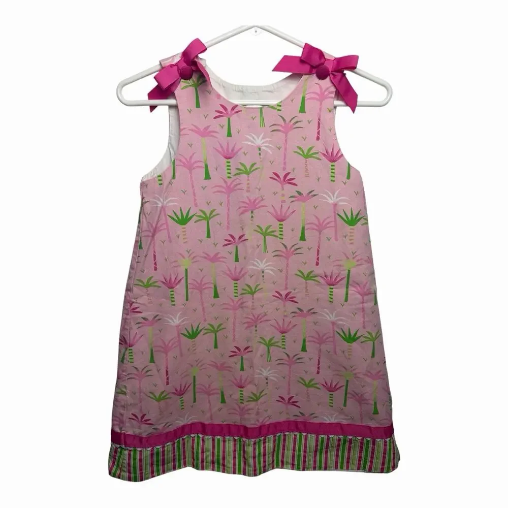 Beanstalk Originals Girls 6X Pink Palm Tree Dress Bows Ruffle Made USA